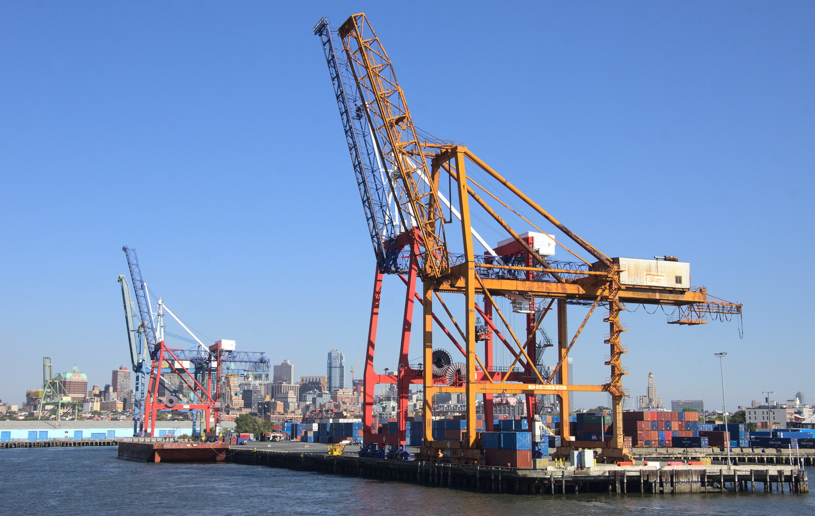 Dockyard cranes from The Liberty Cruise and One World Trade Center, New York, United States - 23rd October 2018