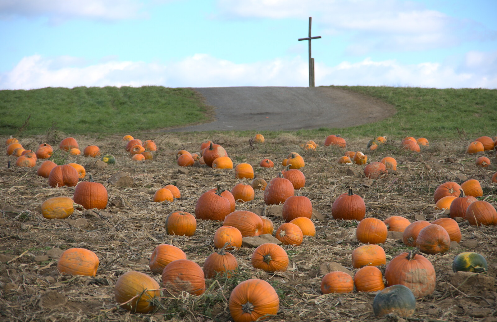 Pumpkins, and a cross on the hill from Pumpkin Picking at Alstede Farm, Chester, Morris County, New Jersey - 24th October 2018