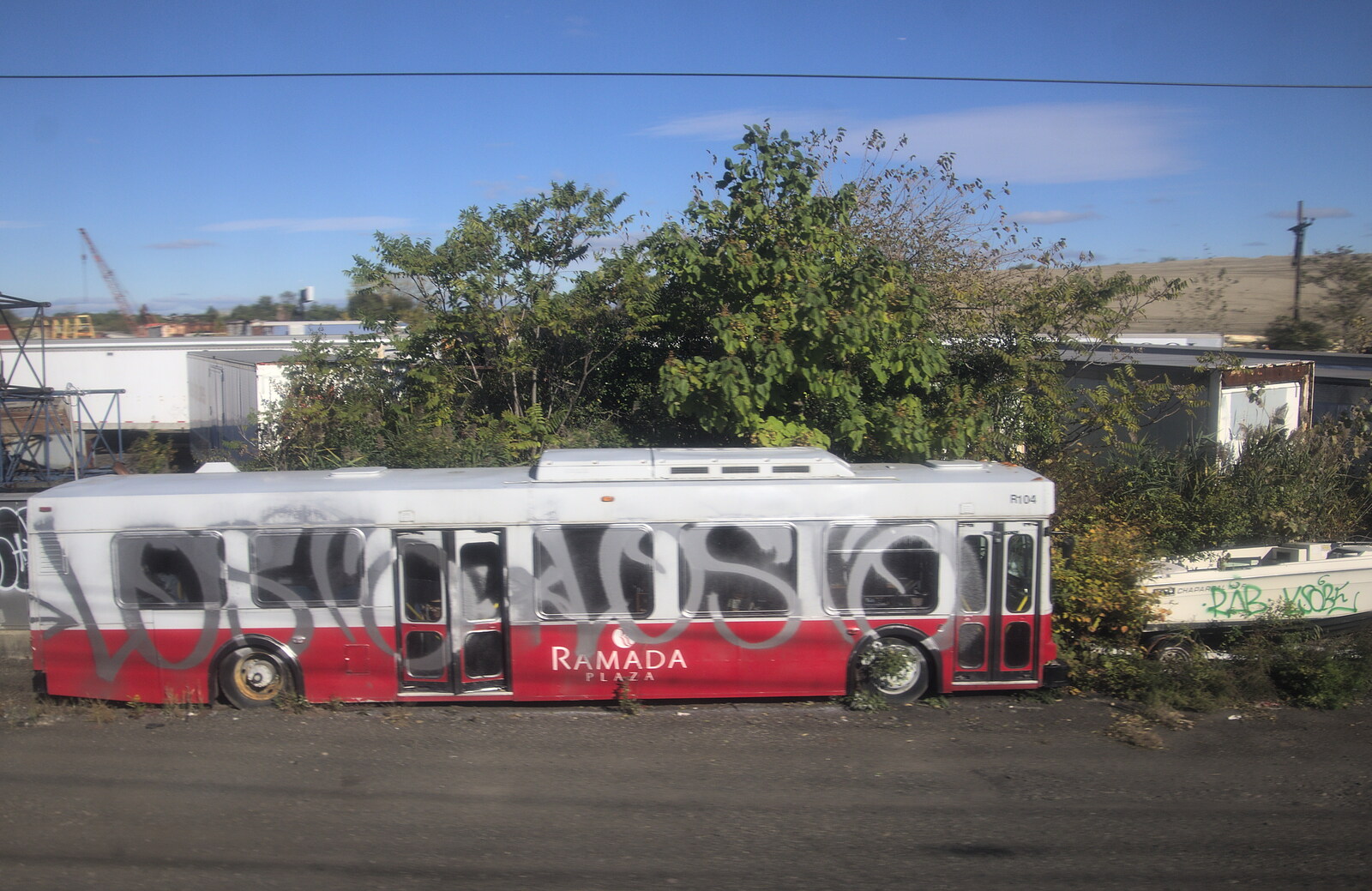 A derelict Ramada coach in a Newark scrap yard  from Times Square, USS Intrepid and the High Line, Manhattan, New York - 25th October 2018