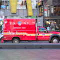 An FDNY van drives by at speed, Times Square, USS Intrepid and the High Line, Manhattan, New York - 25th October 2018