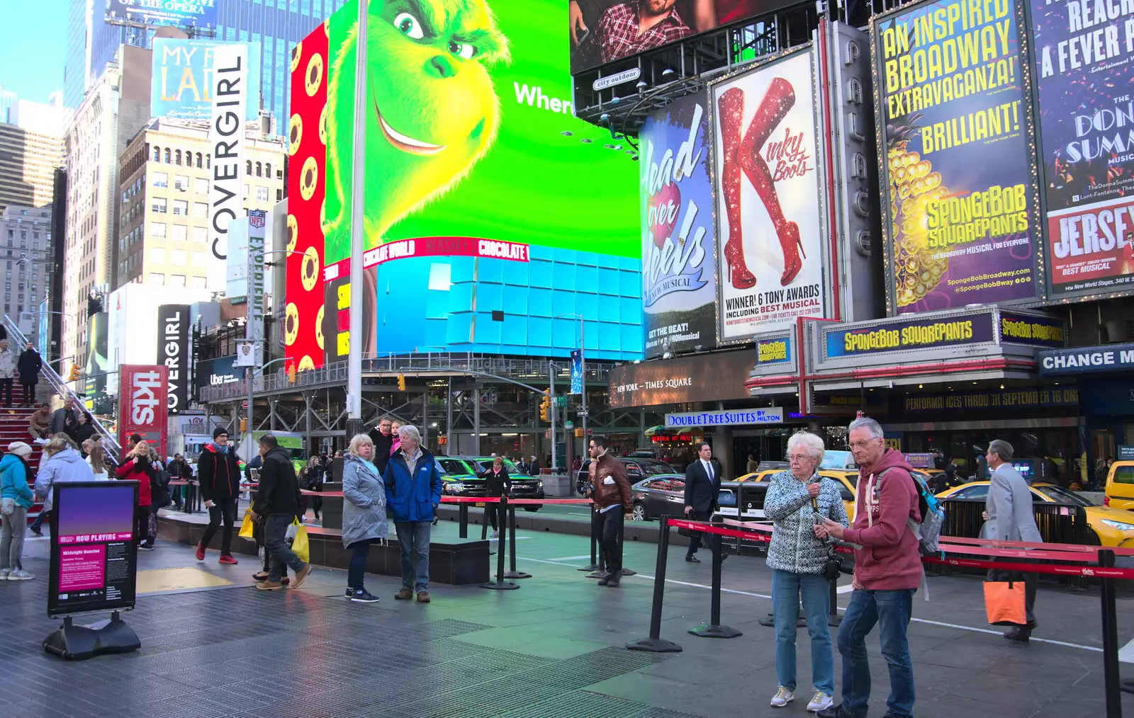 The Grinch looms over Times Square, from Times Square, USS Intrepid and the High Line, Manhattan, New York - 25th October 2018