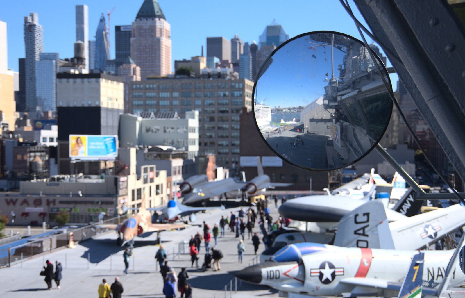 Even massive aircraft carriers need wing mirrors from Times Square, USS Intrepid and the High Line, Manhattan, New York - 25th October 2018