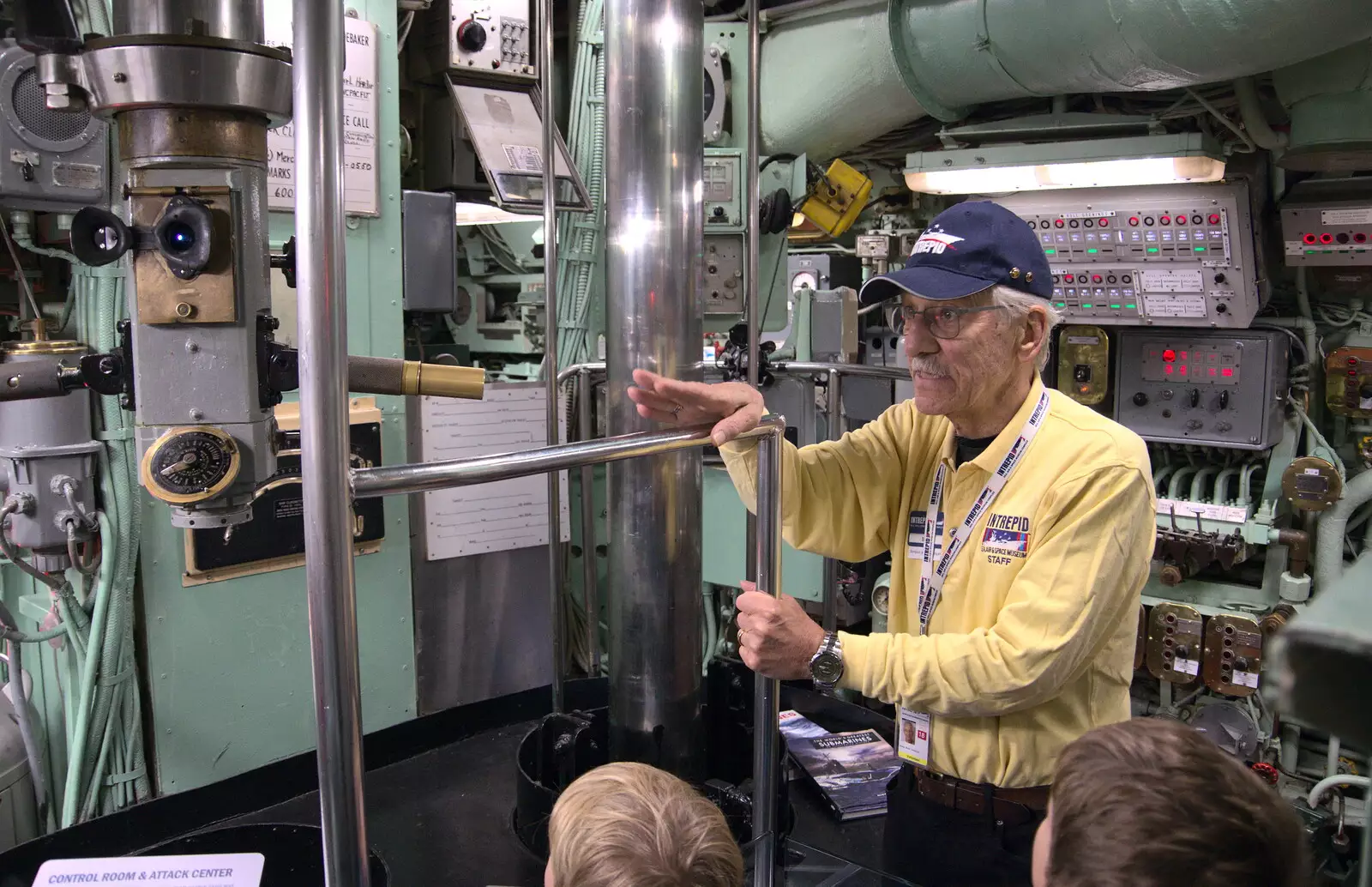 A former crewman explains the periscopes to the boys, from Times Square, USS Intrepid and the High Line, Manhattan, New York - 25th October 2018