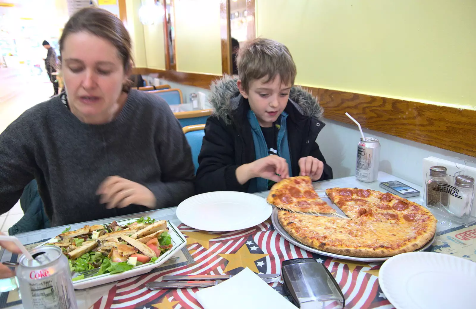 The boys' pizza arrives, from Times Square, USS Intrepid and the High Line, Manhattan, New York - 25th October 2018