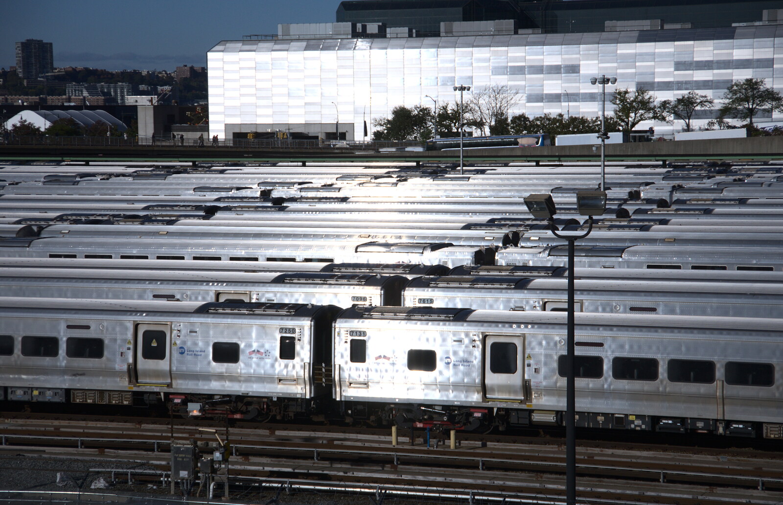 Stacks of silver train carriages from Times Square, USS Intrepid and the High Line, Manhattan, New York - 25th October 2018