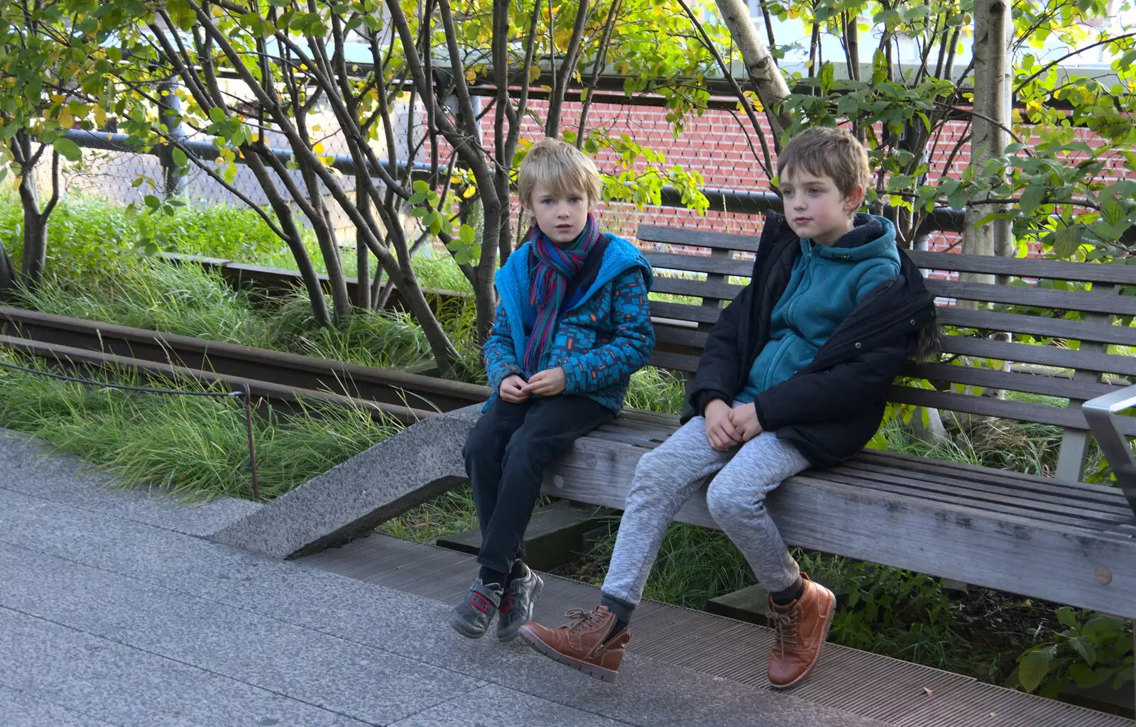 The boys are flaking out at the end of the Line, from Times Square, USS Intrepid and the High Line, Manhattan, New York - 25th October 2018