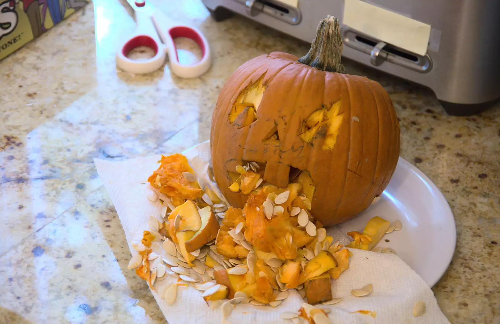 Fred's pumpkin vomits out its insides, from Times Square, USS Intrepid and the High Line, Manhattan, New York - 25th October 2018