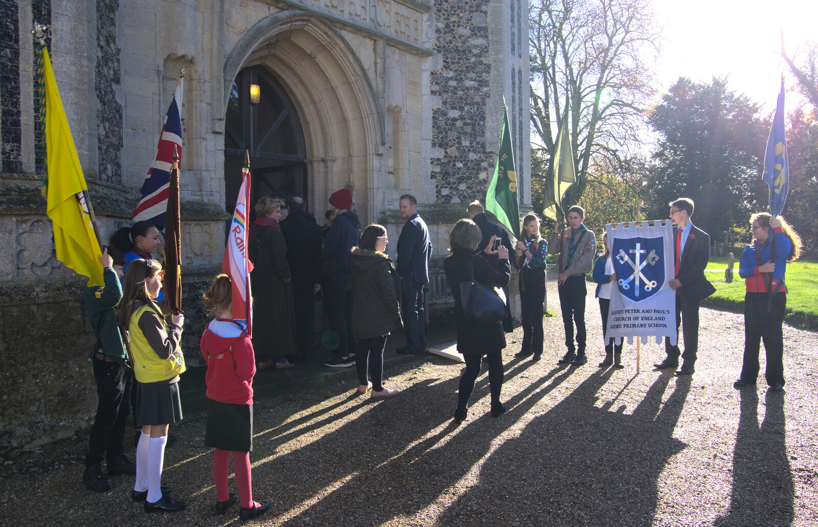 Flag bearers outside the church from The Remembrance Sunday Parade, Eye, Suffolk - 11th November 2018