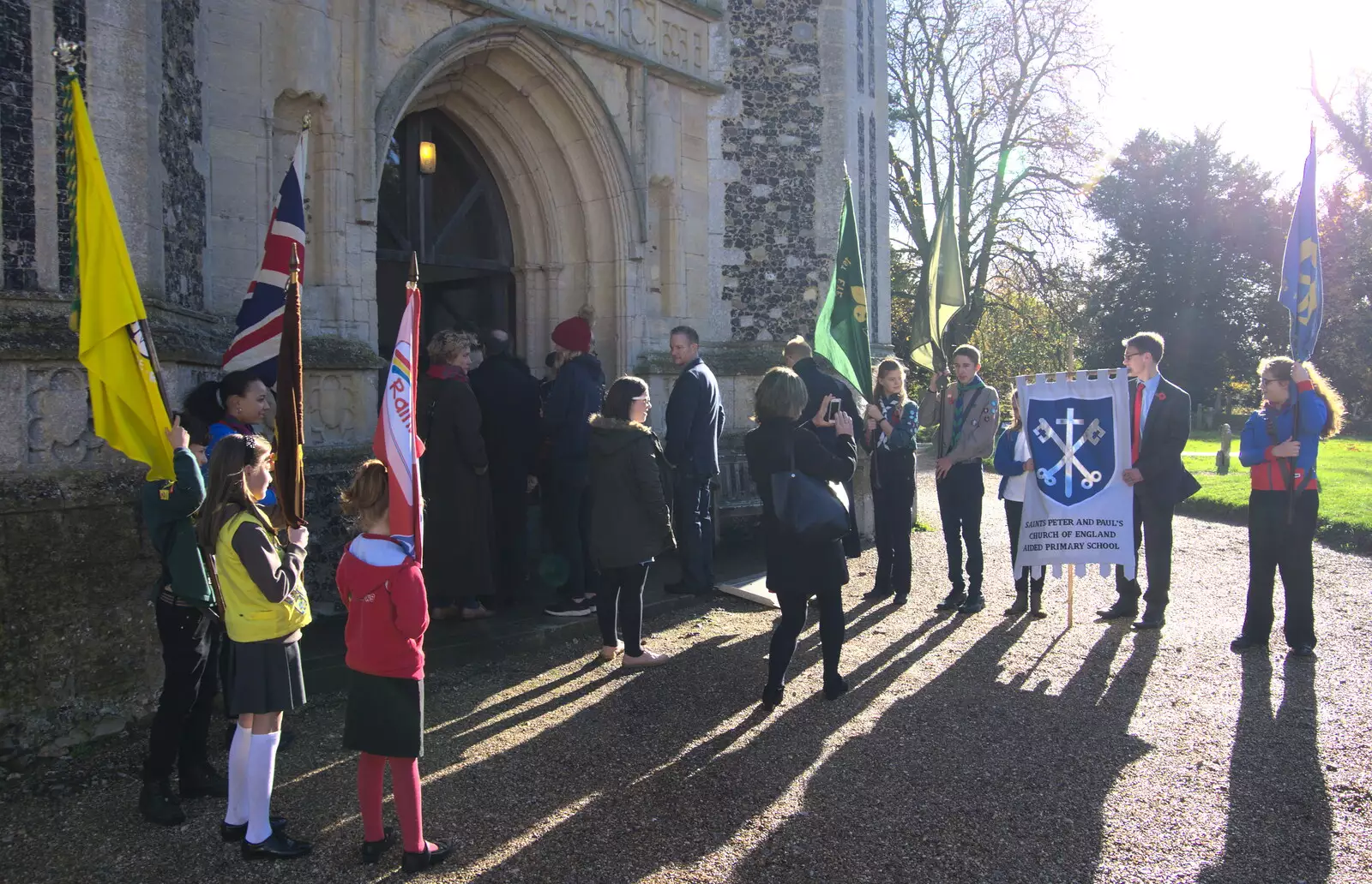 Flag bearers outside the church, from The Remembrance Sunday Parade, Eye, Suffolk - 11th November 2018