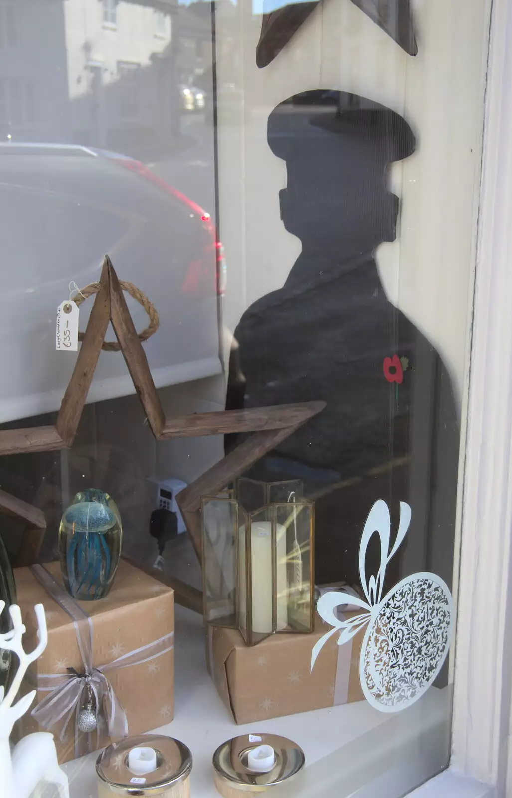 One of the 'tommy' silhouettes in the shop 'Shelf', from The Remembrance Sunday Parade, Eye, Suffolk - 11th November 2018