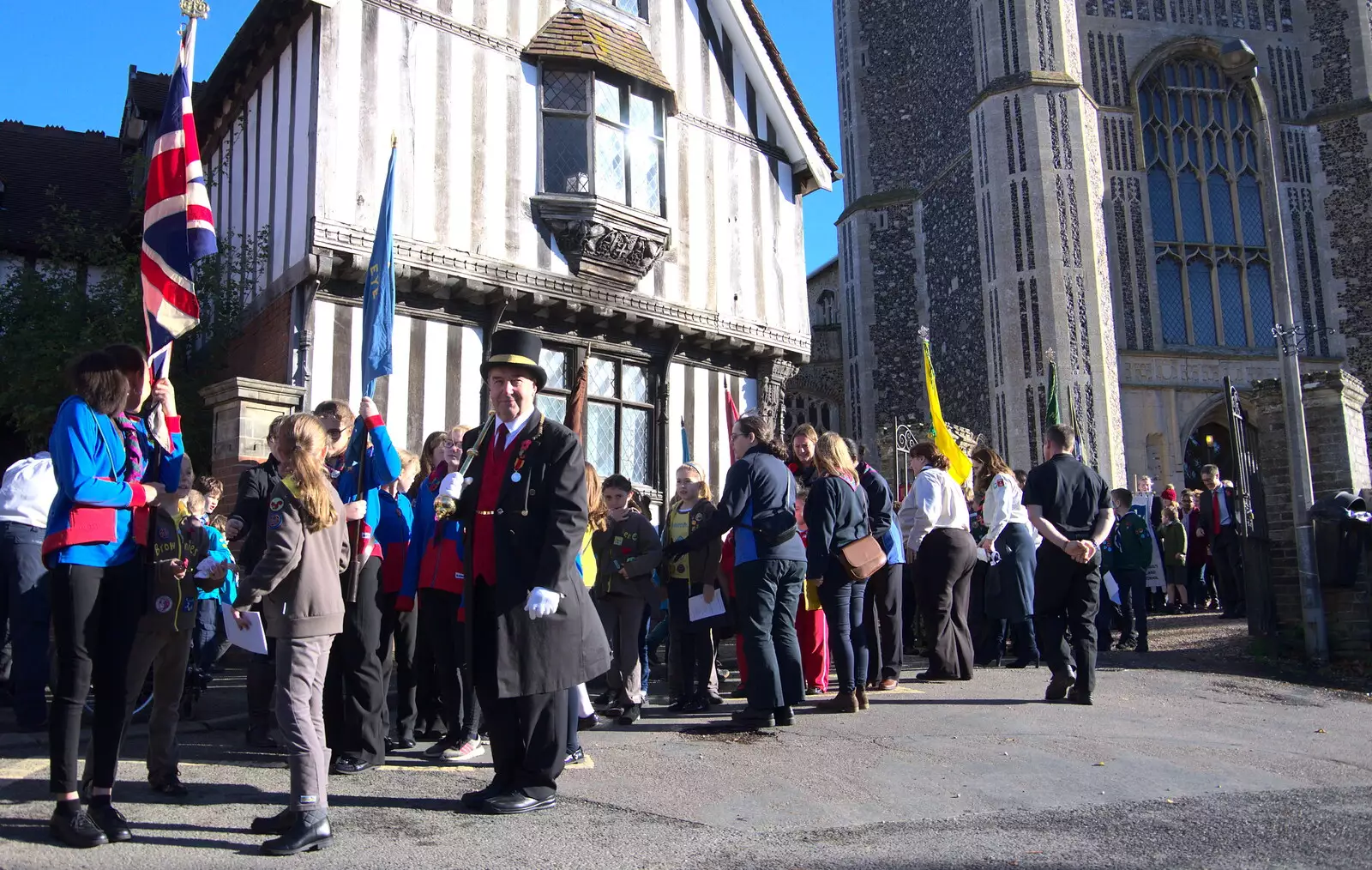 The parade piles out of the church again, from The Remembrance Sunday Parade, Eye, Suffolk - 11th November 2018