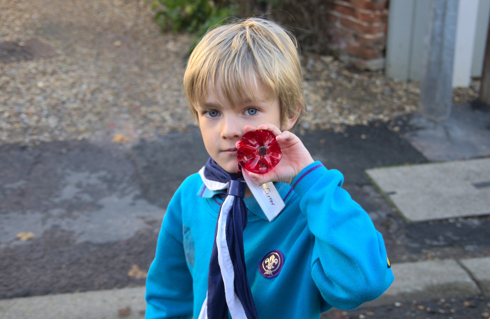 Harry' poppy, out of a plastic bottle bottom from The Remembrance Sunday Parade, Eye, Suffolk - 11th November 2018