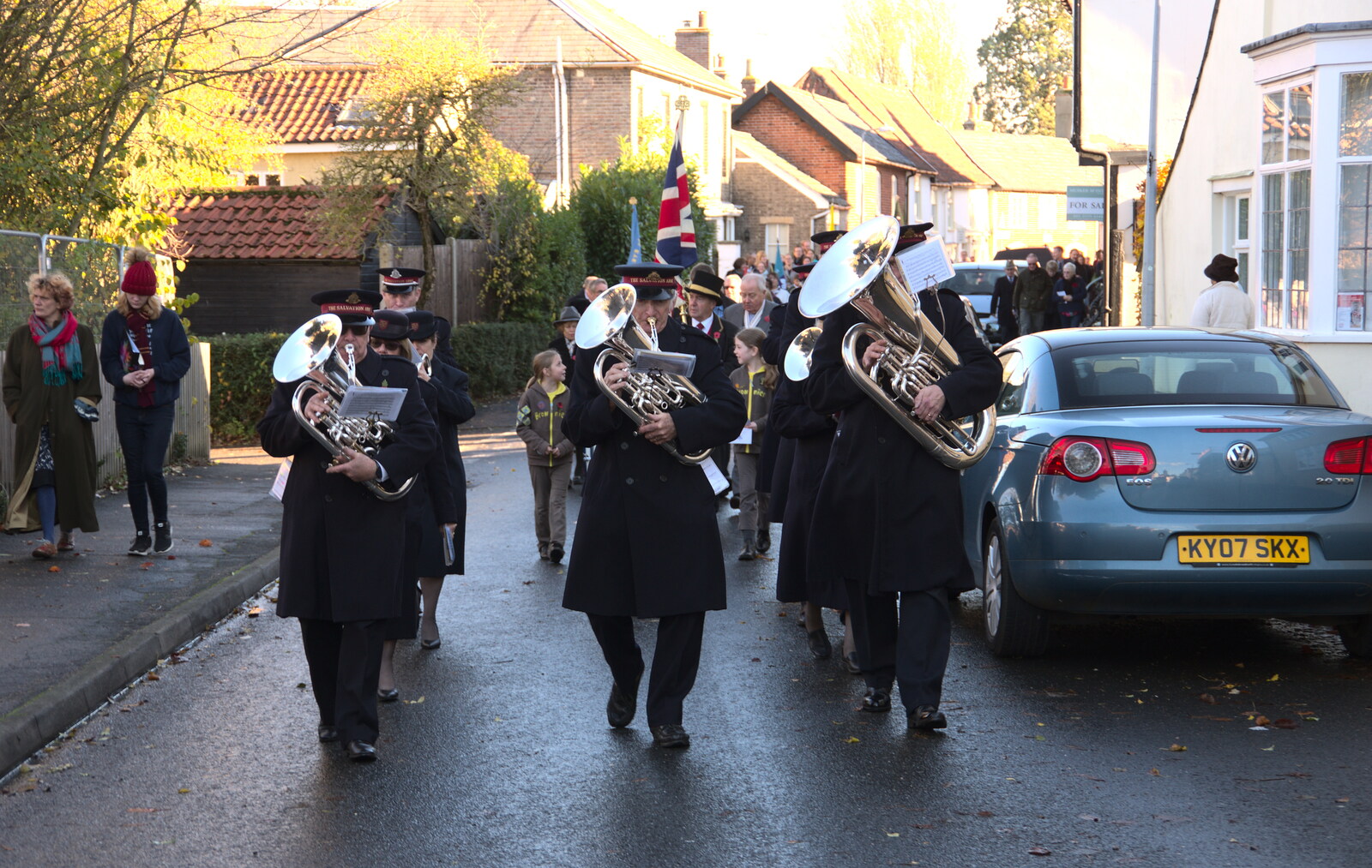 The band marches up Church Street from The Remembrance Sunday Parade, Eye, Suffolk - 11th November 2018