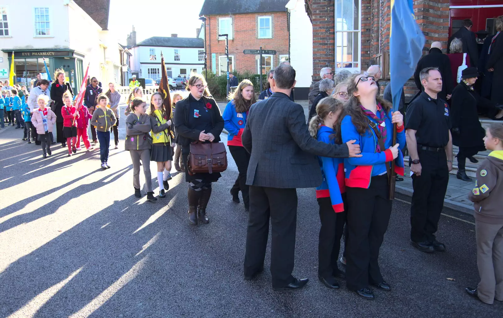 Bruce wrangles the parade by the town hall, from The Remembrance Sunday Parade, Eye, Suffolk - 11th November 2018