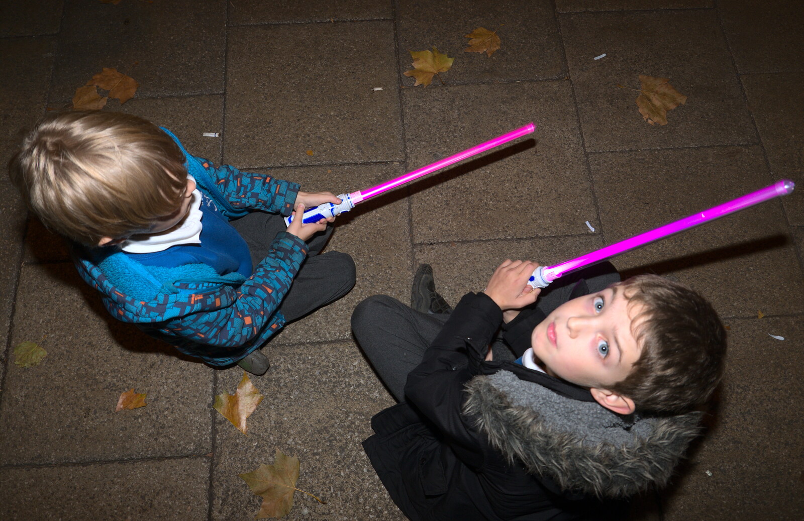 Harry and Fred have glow-in-the-dark light sabres from Norwich Lights and Isobel Sings, Norwich, Norfolk - 15th November 2018