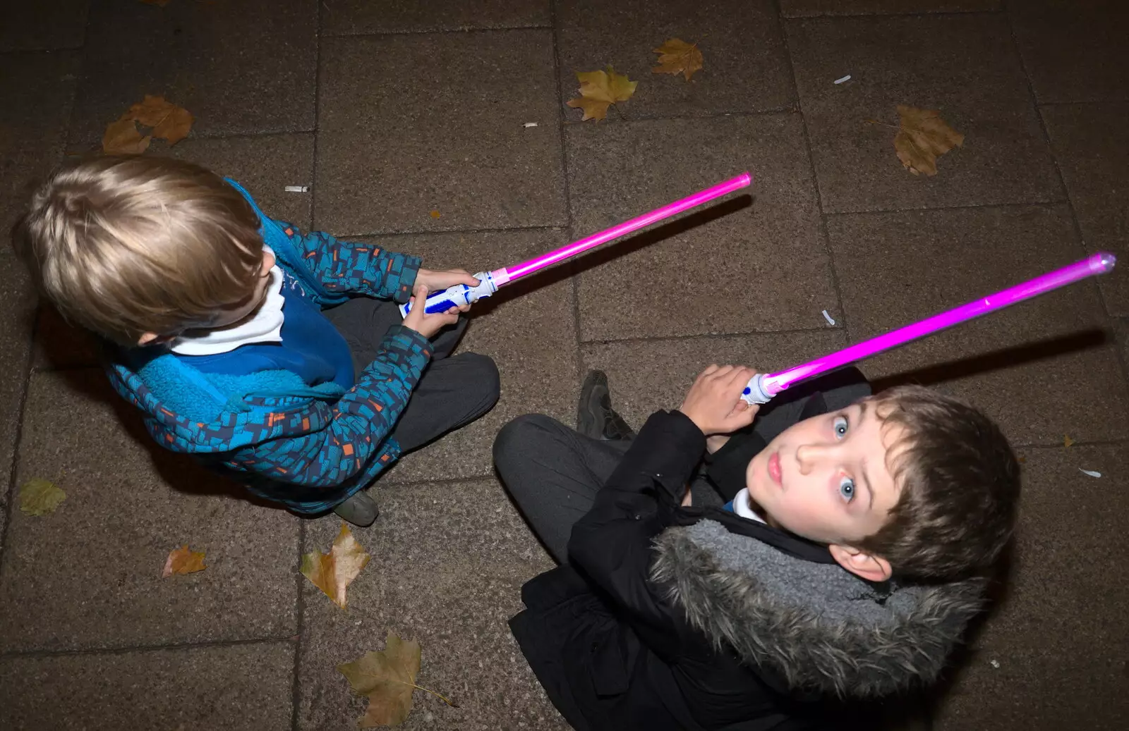 Harry and Fred have glow-in-the-dark light sabres, from Norwich Lights and Isobel Sings, Norwich, Norfolk - 15th November 2018