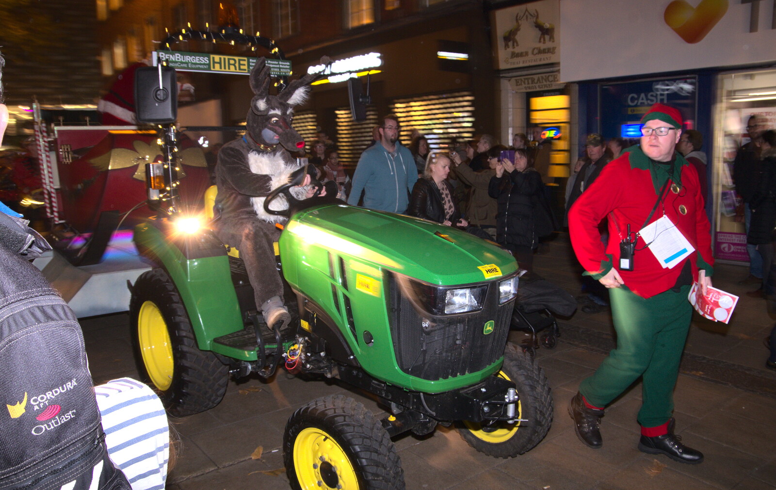A Santa on a tractor heads up the Haymarket from Norwich Lights and Isobel Sings, Norwich, Norfolk - 15th November 2018