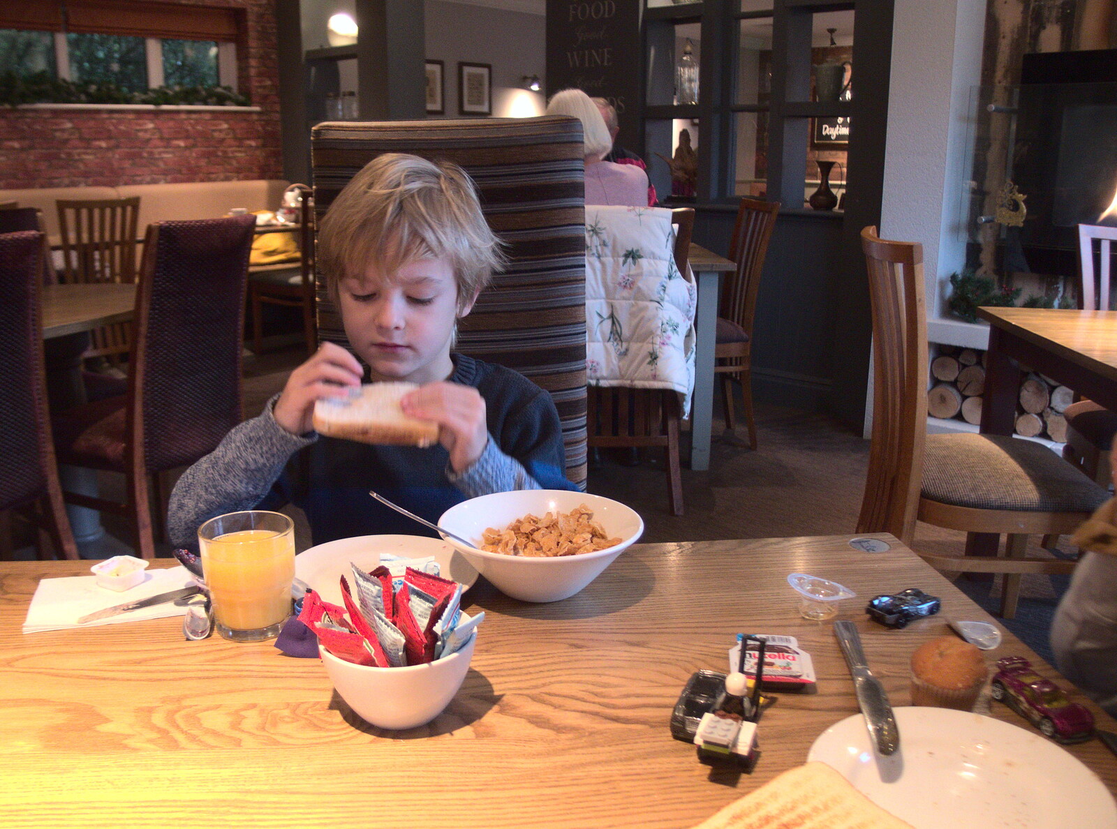 Harry has Crunchy Nut cornflakes for breakfast from Thanksgiving in Highcliffe, Dorset - 23rd November 2018