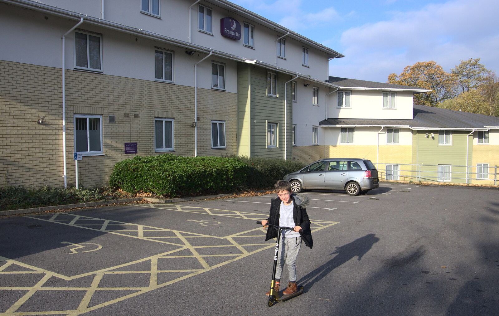 Fred scoots about the Premier Inn car park from Thanksgiving in Highcliffe, Dorset - 23rd November 2018