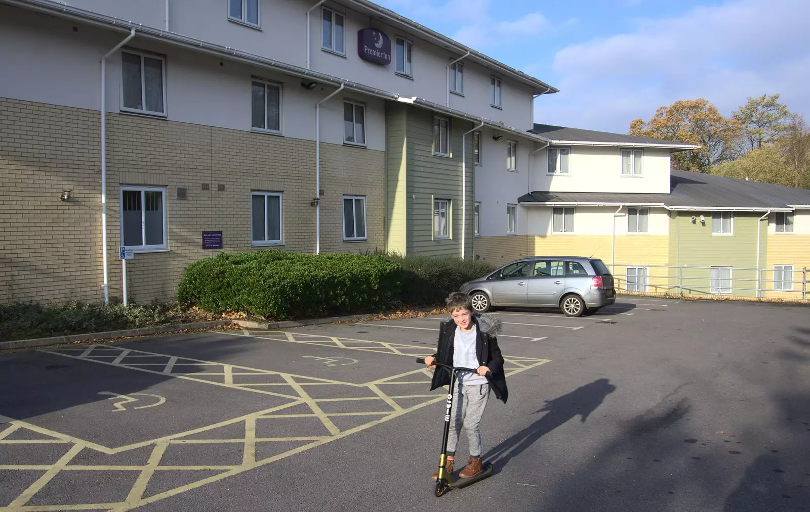 Fred scoots about the Premier Inn car park, from Thanksgiving in Highcliffe, Dorset - 23rd November 2018