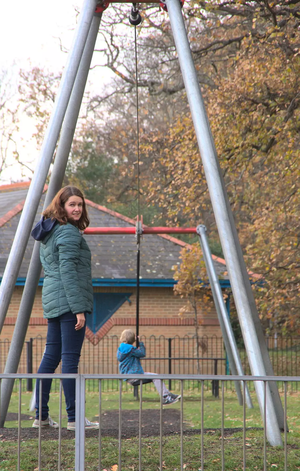 Isobel looks back as Harry does the 'flying fox', from Thanksgiving in Highcliffe, Dorset - 23rd November 2018