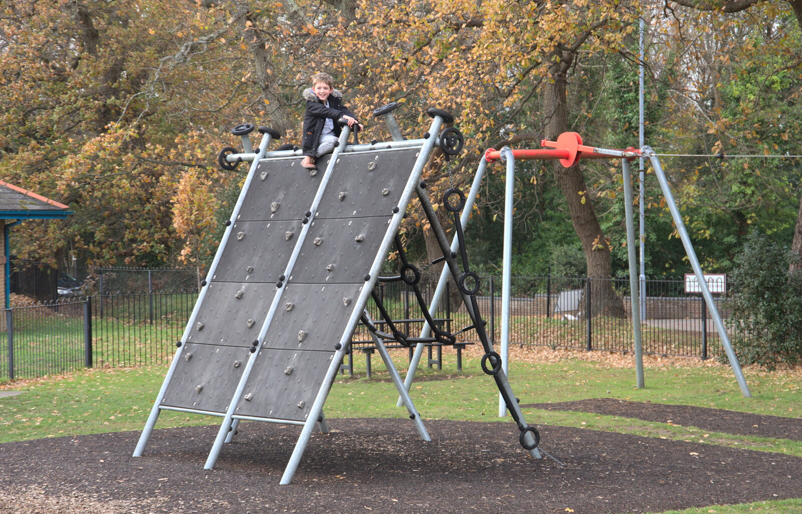 Fred up a climbing frame in Highcliffe Rec from Thanksgiving in Highcliffe, Dorset - 23rd November 2018
