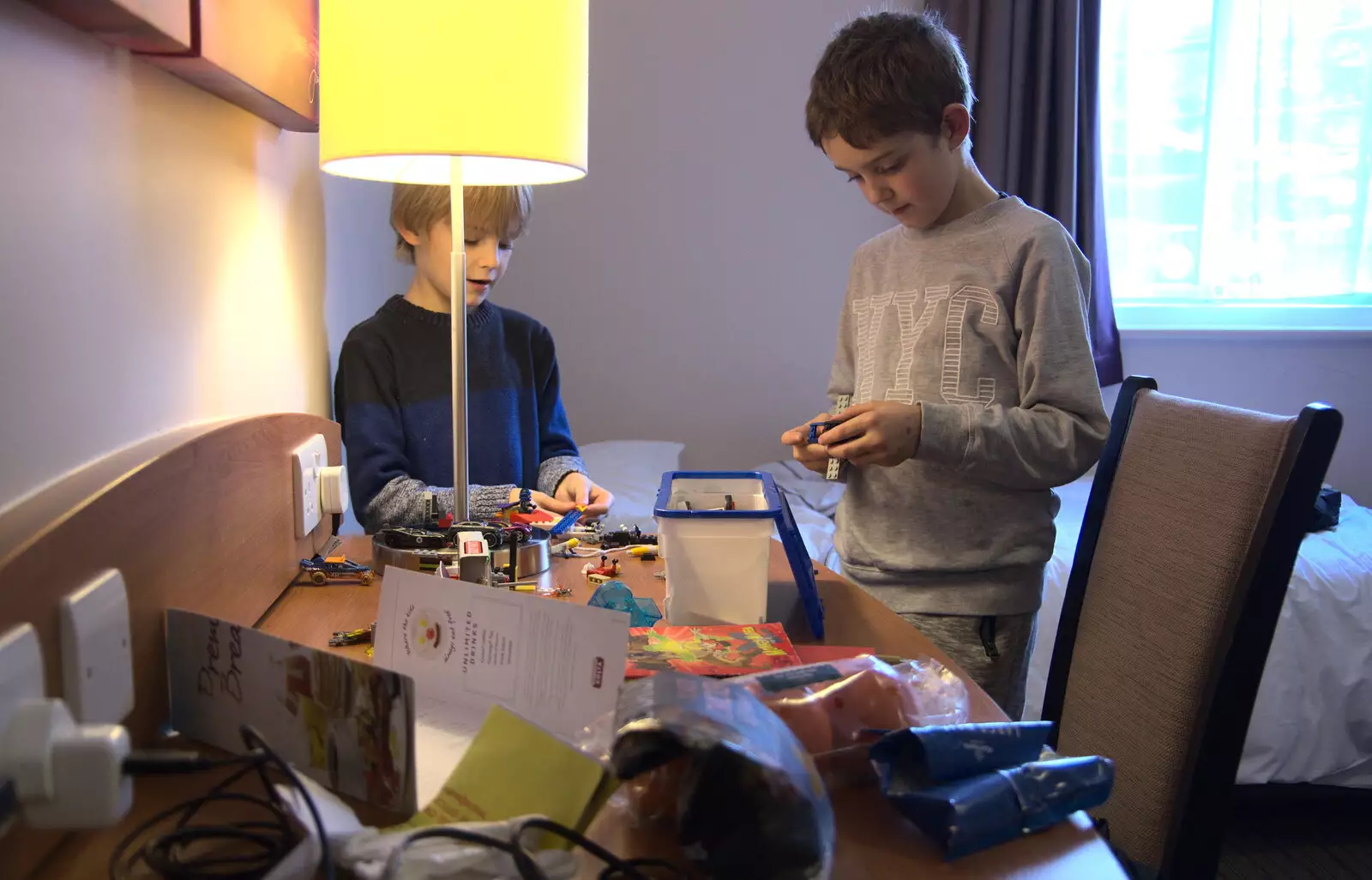 The boys do some Lego in the hotel room, from Thanksgiving in Highcliffe, Dorset - 23rd November 2018