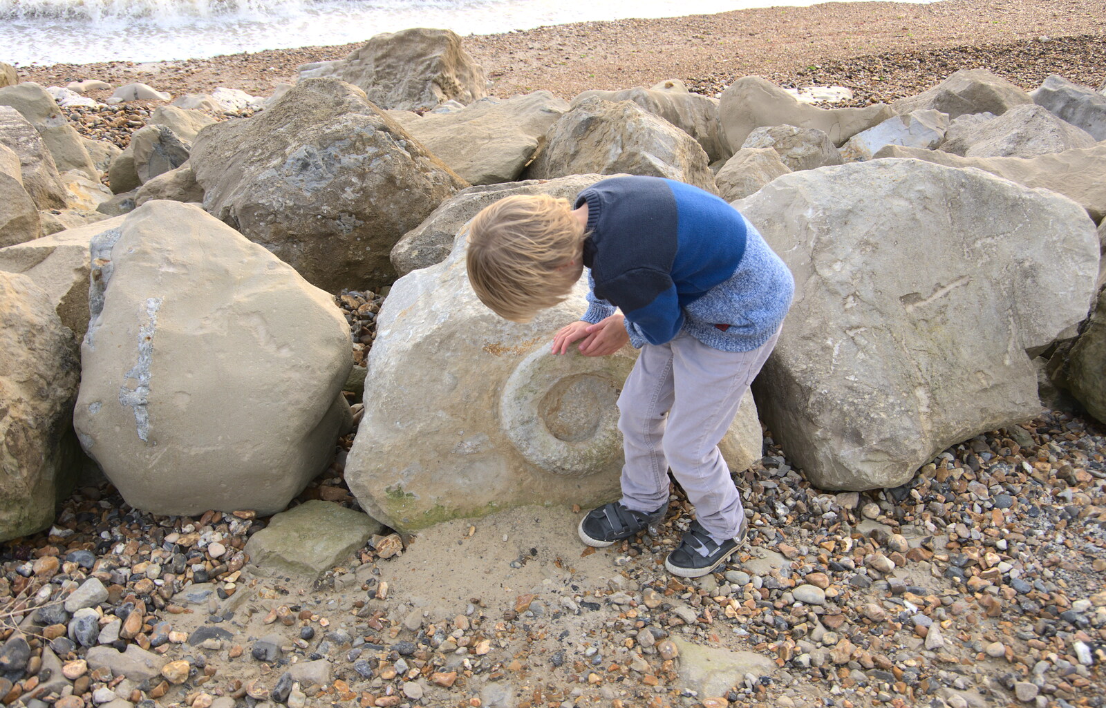 Harry's excited to find an actual fossil in a rock from Thanksgiving in Highcliffe, Dorset - 23rd November 2018