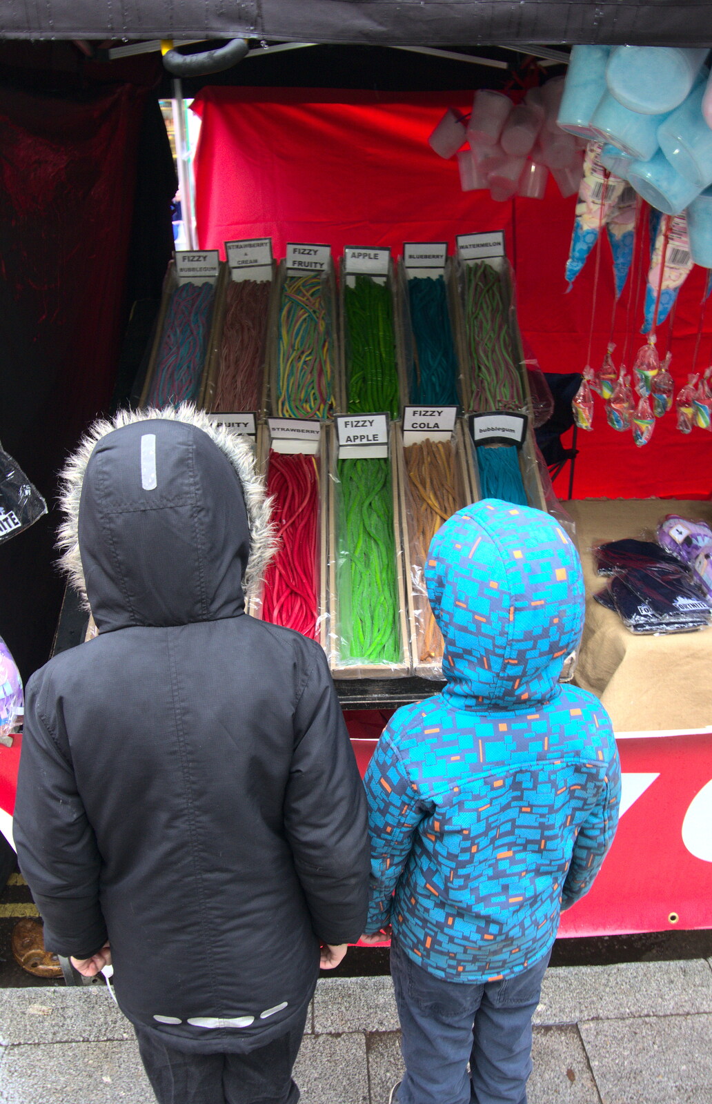 The boys look mesmerised at some giant sweet laces from A Christmas Market, New Milton, Hampshire - 24th November 2018