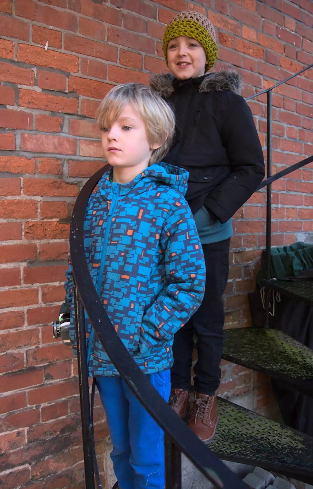 Harry and Fred on a fire escape, from The St. Nicholas Street Fayre, Diss, Norfolk - 9th December 2018