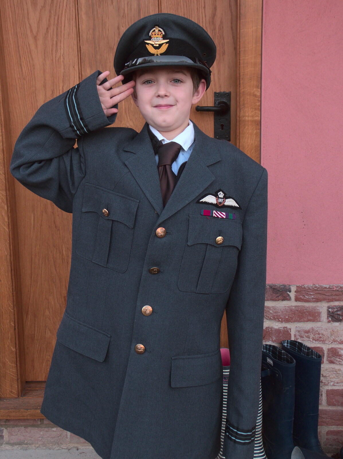 Fred sticks on an RAF uniform for school from A Spot of Christmas Shopping, Norwich, Norfolk - 16th December 2018
