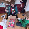 The boys get a box of Tayto from Da Gorls, Christmas at Grandma J's, Spreyton, Devon - 25th December 2018