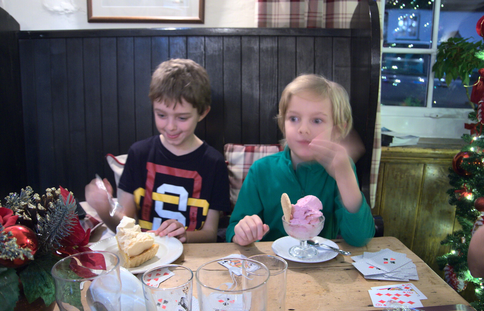 The boys are excited by their puddings from Christmas at Grandma J's, Spreyton, Devon - 25th December 2018