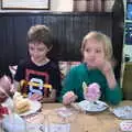 The boys are excited by their puddings, Christmas at Grandma J's, Spreyton, Devon - 25th December 2018