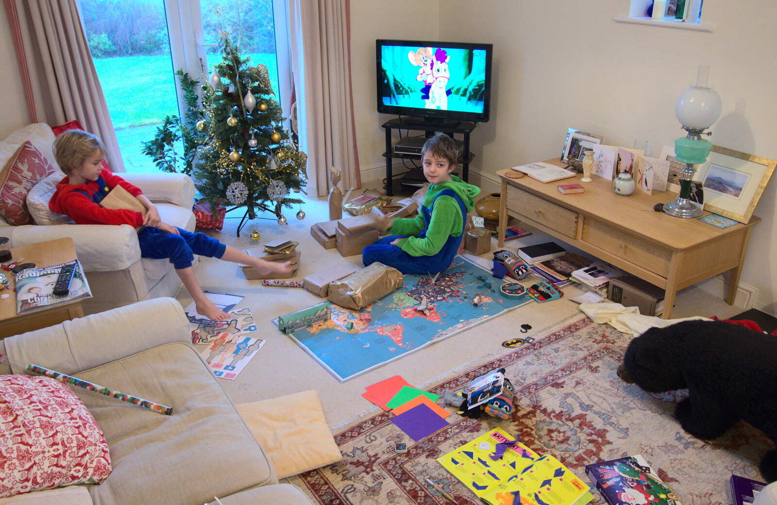 The boys start on their presents from Christmas at Grandma J's, Spreyton, Devon - 25th December 2018