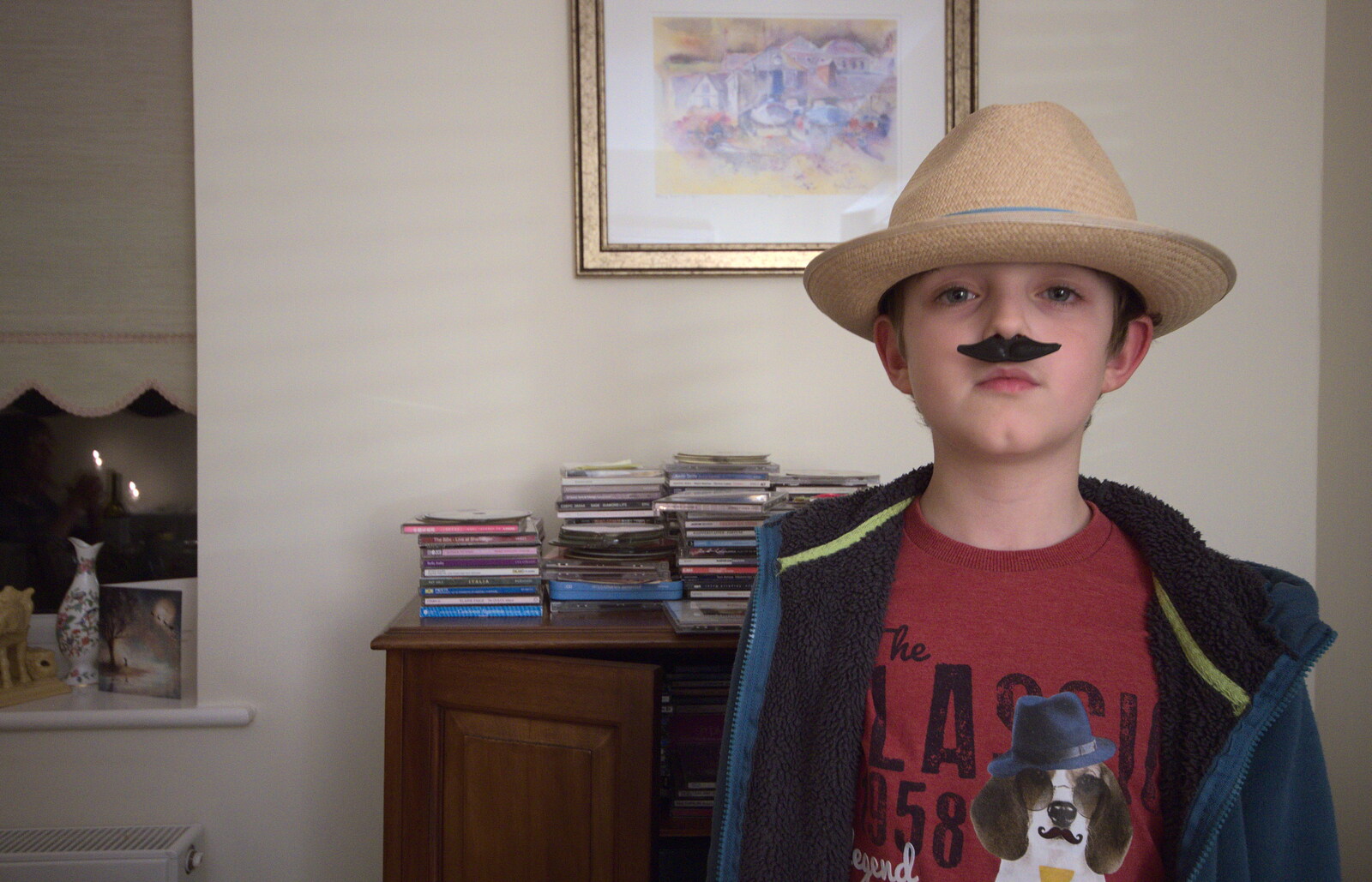 Fred's fake moustache and hat echo his tee-shirt from Christmas at Grandma J's, Spreyton, Devon - 25th December 2018