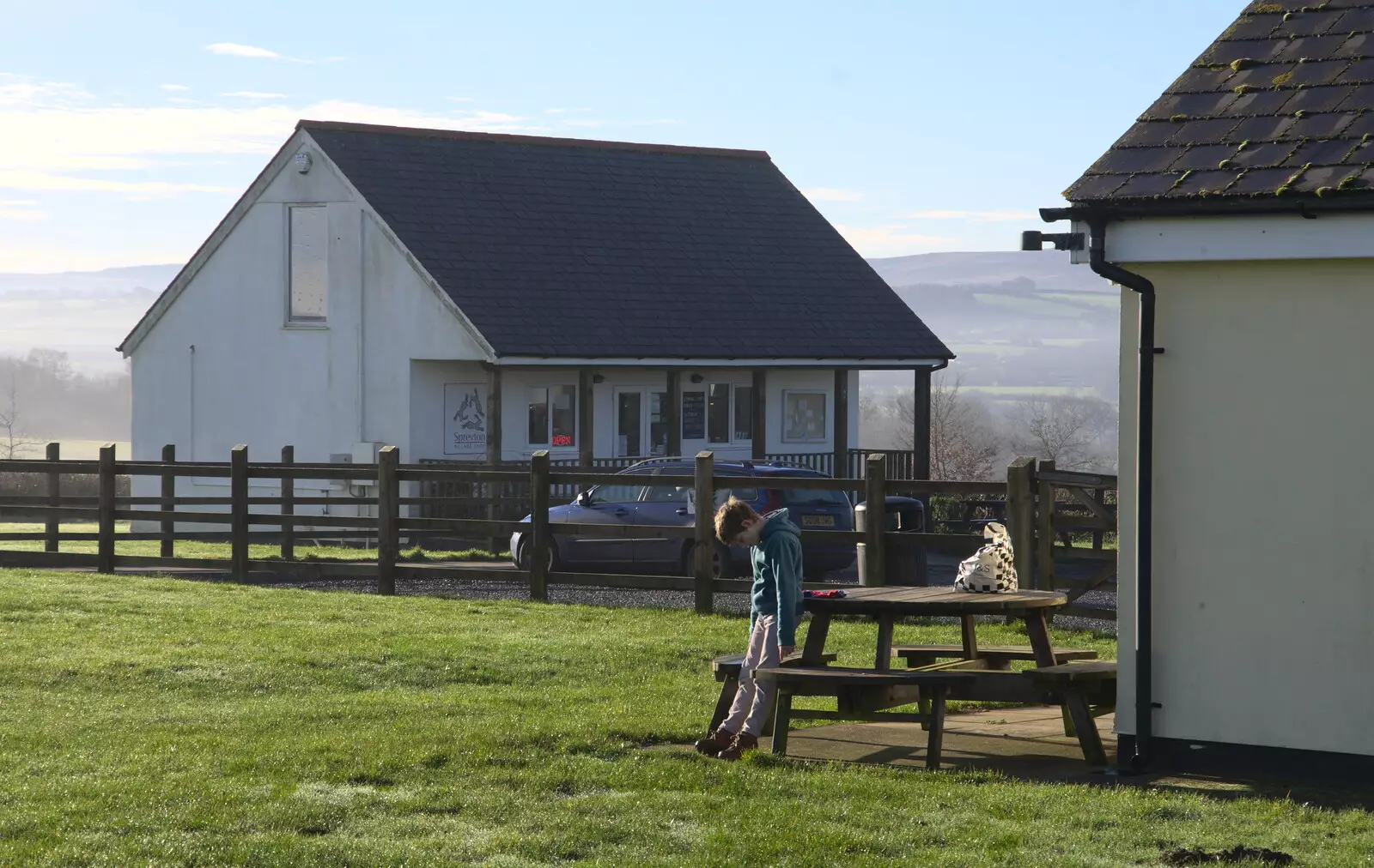 Fred waits near the shop, from Boxing Day in Devon, Spreyton, Devon - 26th December 2018