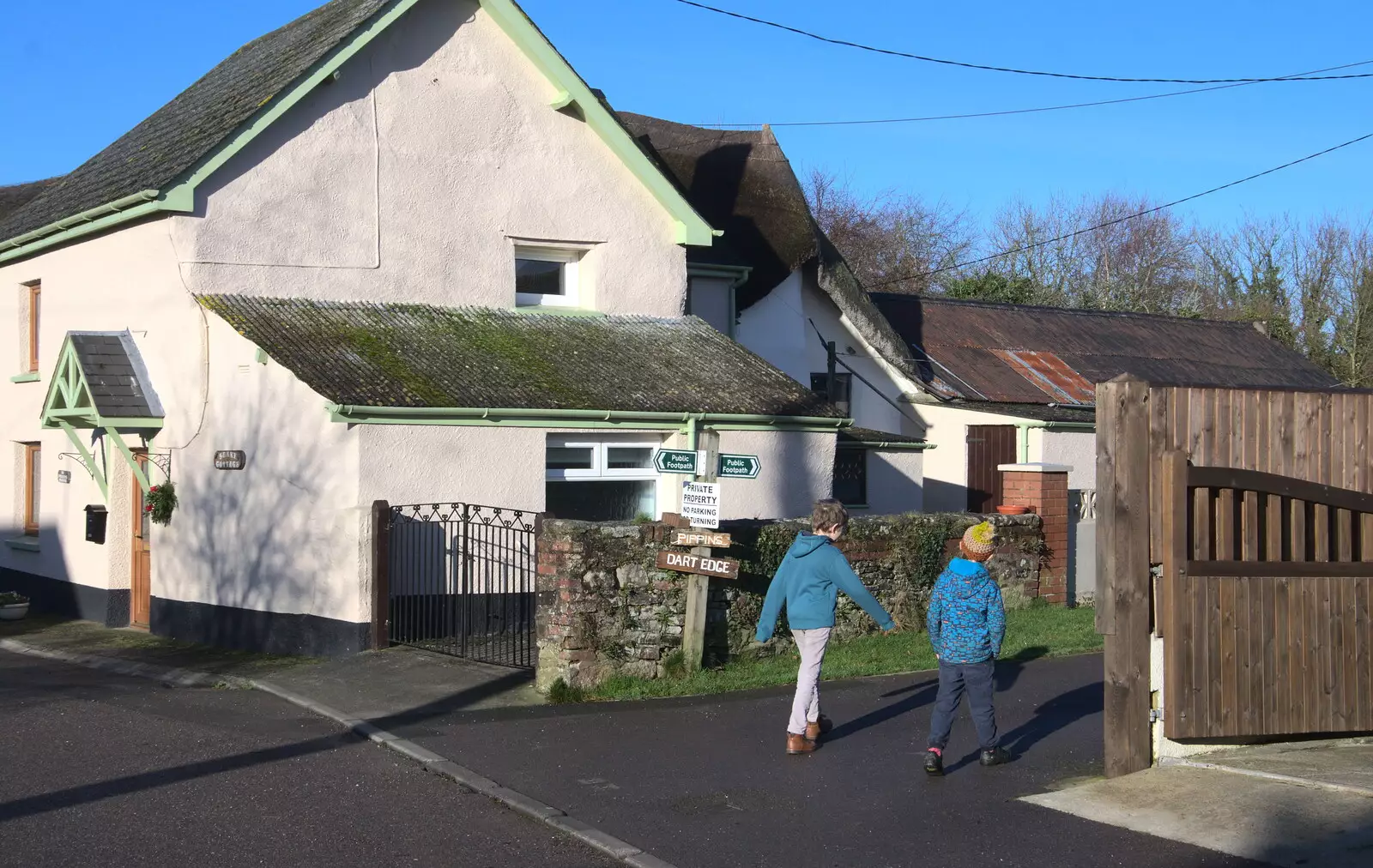 The boys head up the lane to Grandma J's, from Boxing Day in Devon, Spreyton, Devon - 26th December 2018