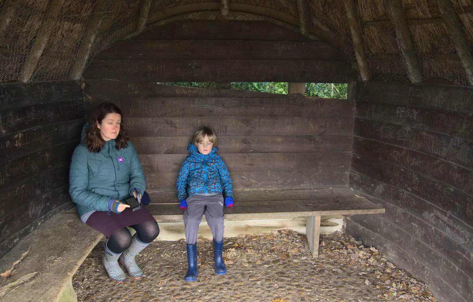 Isobel and Harry in a shelter, from Ickworth House, Horringer, Suffolk - 29th December 2018