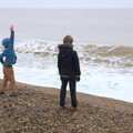 Harry flings stones at the sea, A Postcard from Aldeburgh, Suffolk - 6th January 2019