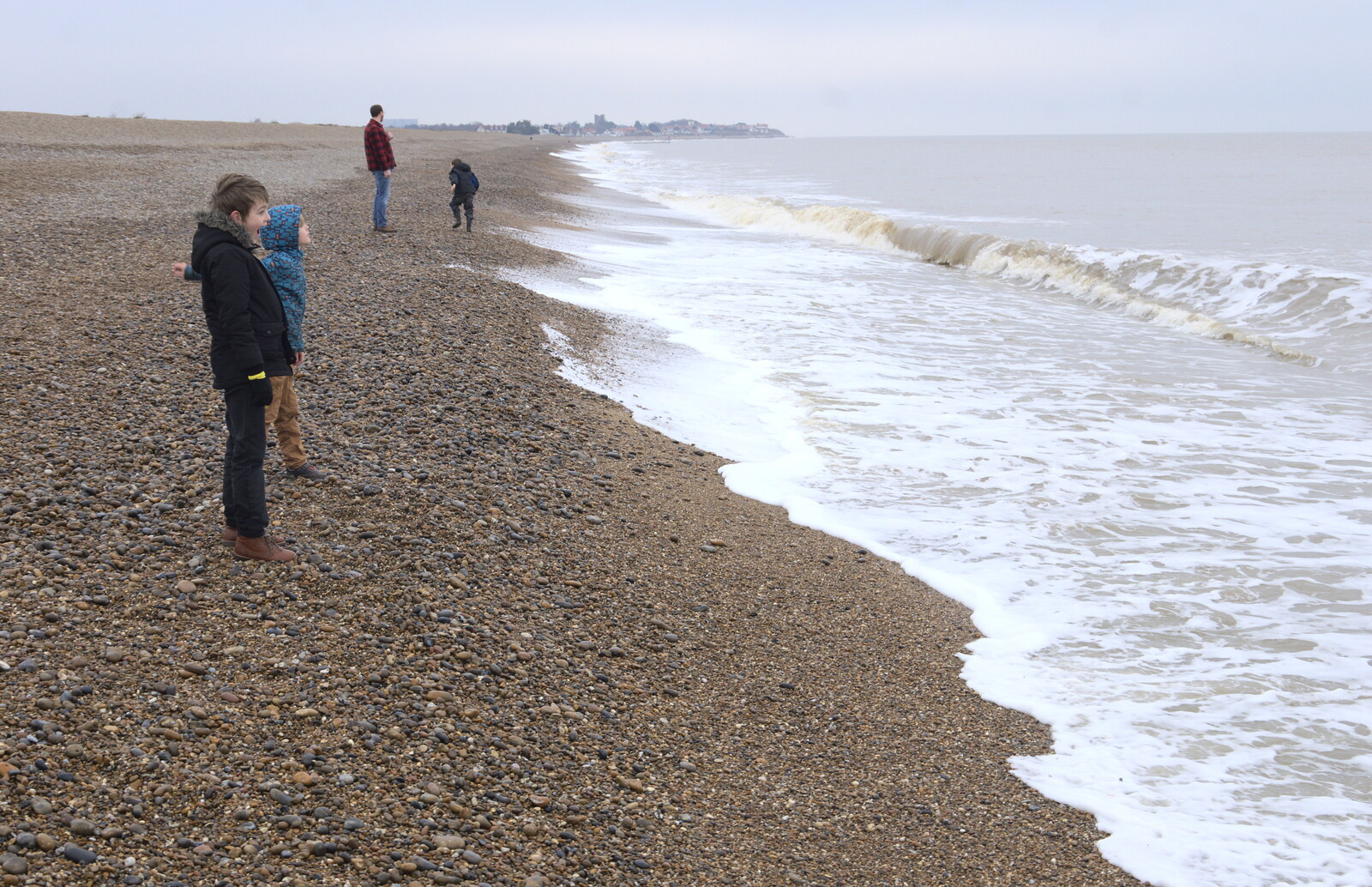 Fred and Harry shout at the sea, but the sea wins from A Postcard from Aldeburgh, Suffolk - 6th January 2019