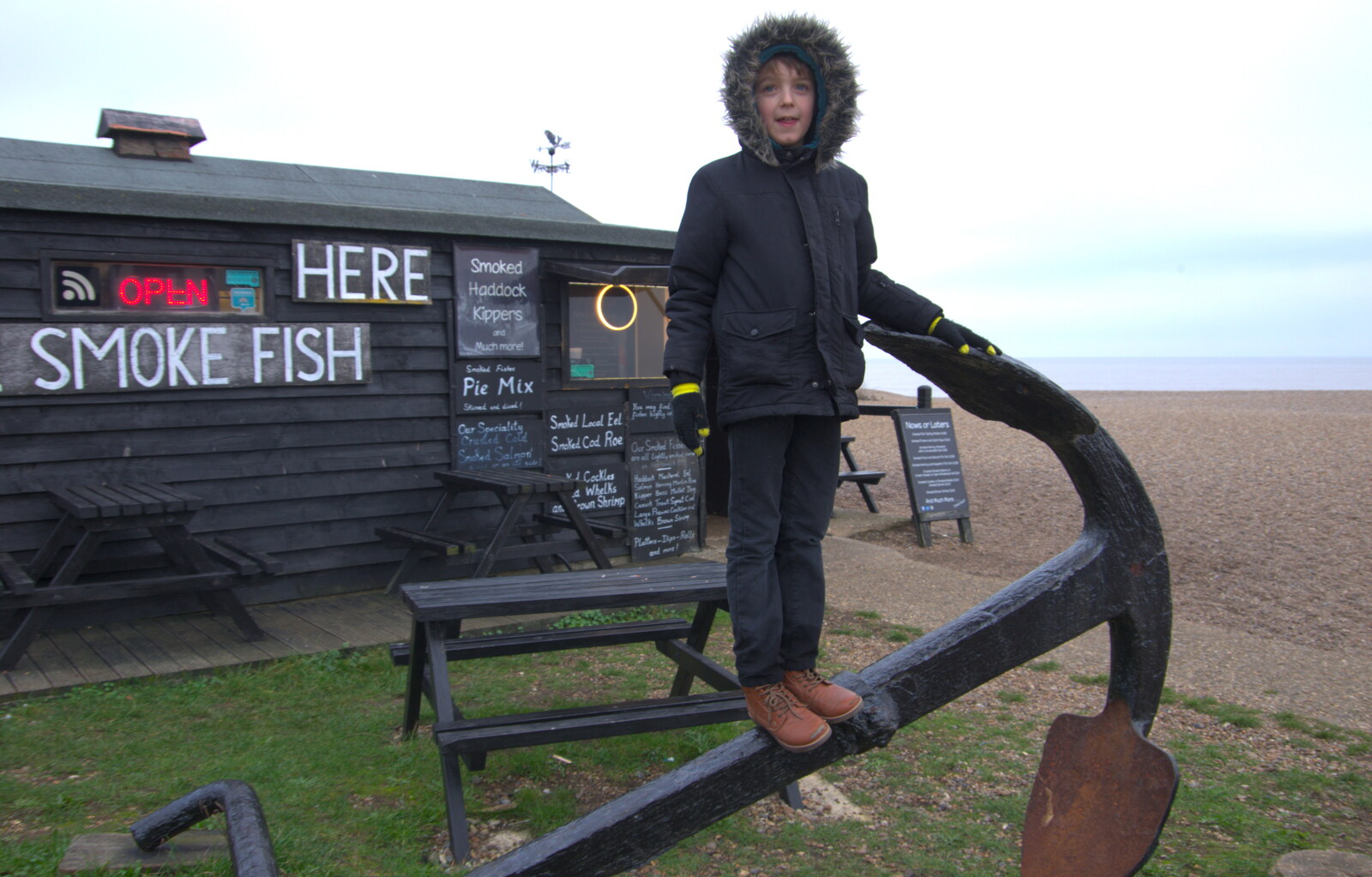 Fred stands on an anchor from A Postcard from Aldeburgh, Suffolk - 6th January 2019