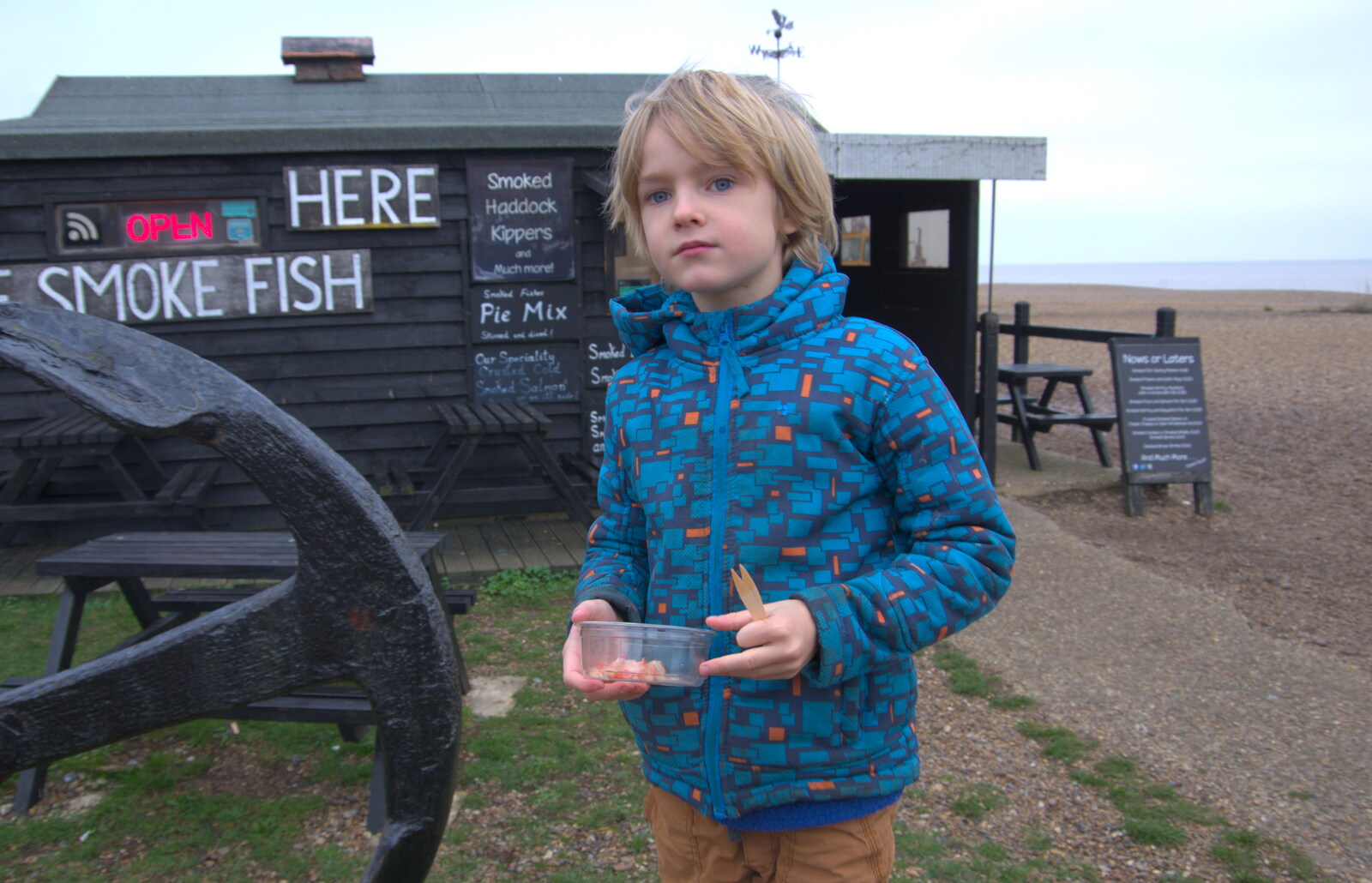 Harry roams around with his tub of seafood from A Postcard from Aldeburgh, Suffolk - 6th January 2019