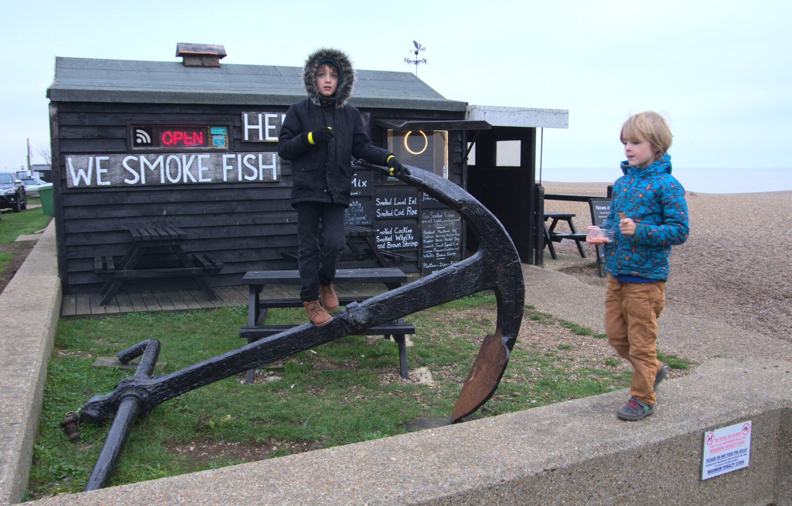 The boys outside the fish shop from A Postcard from Aldeburgh, Suffolk - 6th January 2019