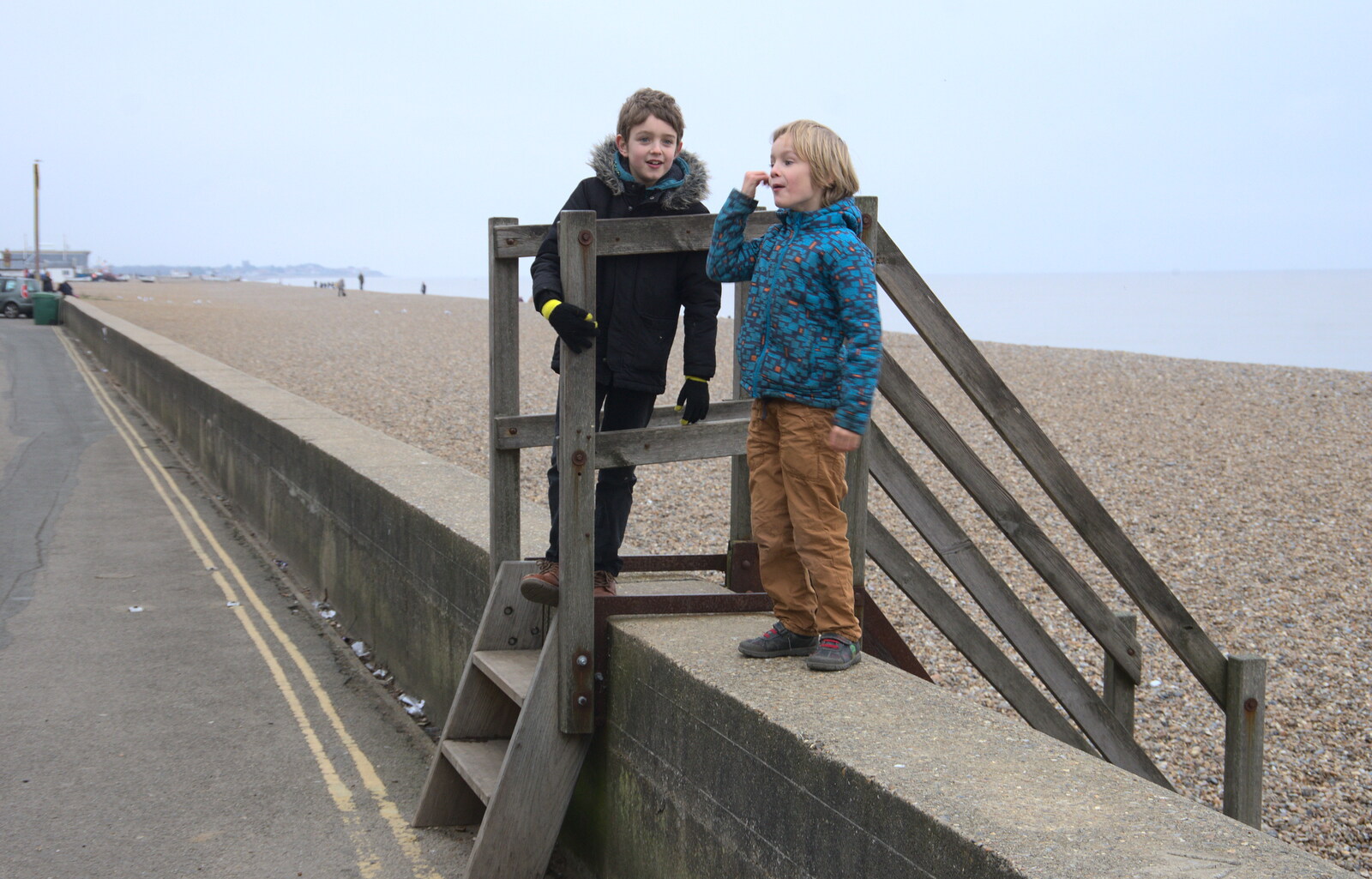 Fred and Harry on the sea wall from A Postcard from Aldeburgh, Suffolk - 6th January 2019