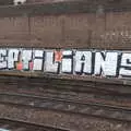 A big silver tag mysteriously says 'reptilians', Railway Graffiti, Tower Hamlets, London - 12th February 2019