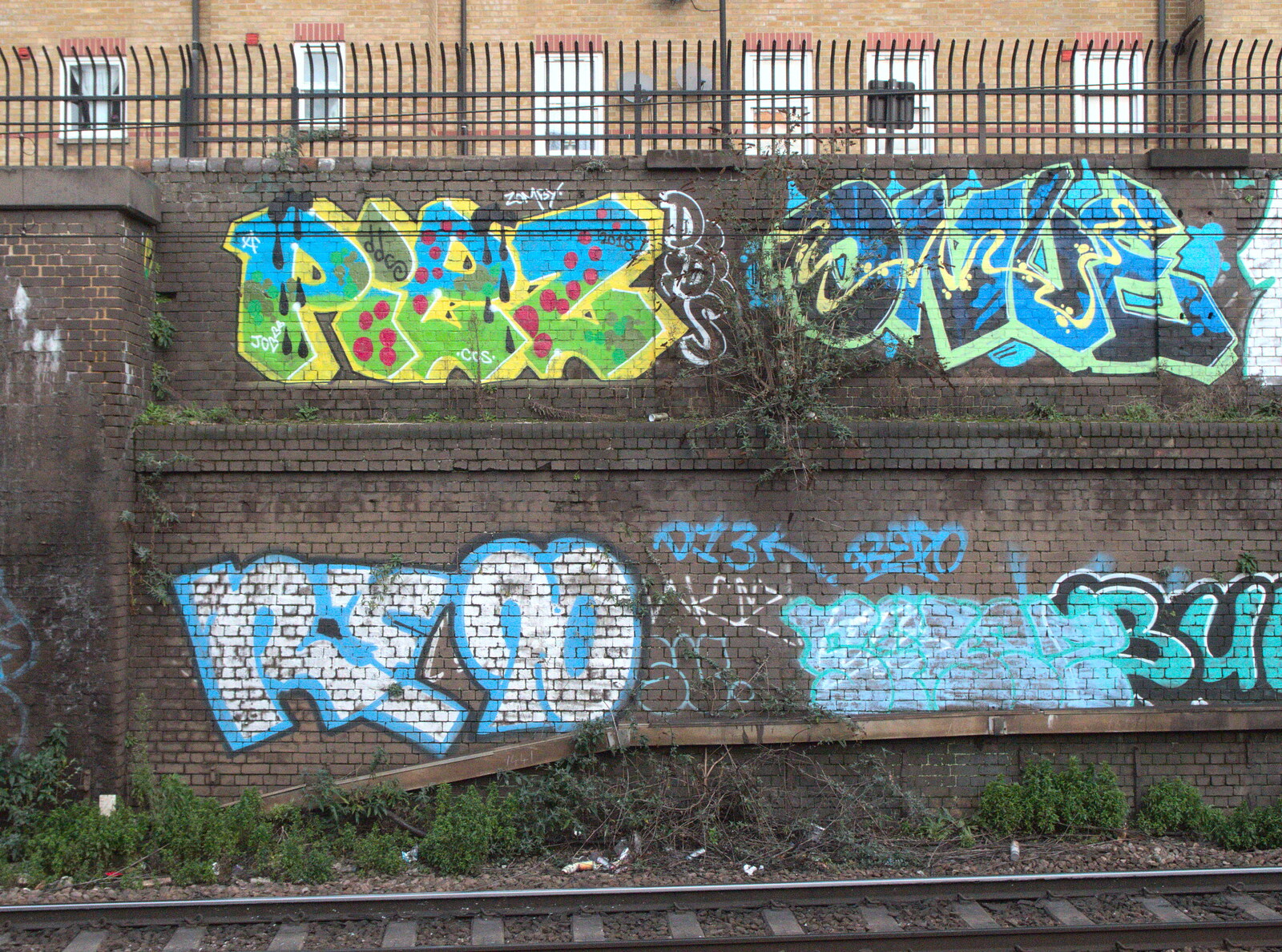 A fairly old set of tags survives from Railway Graffiti, Tower Hamlets, London - 12th February 2019