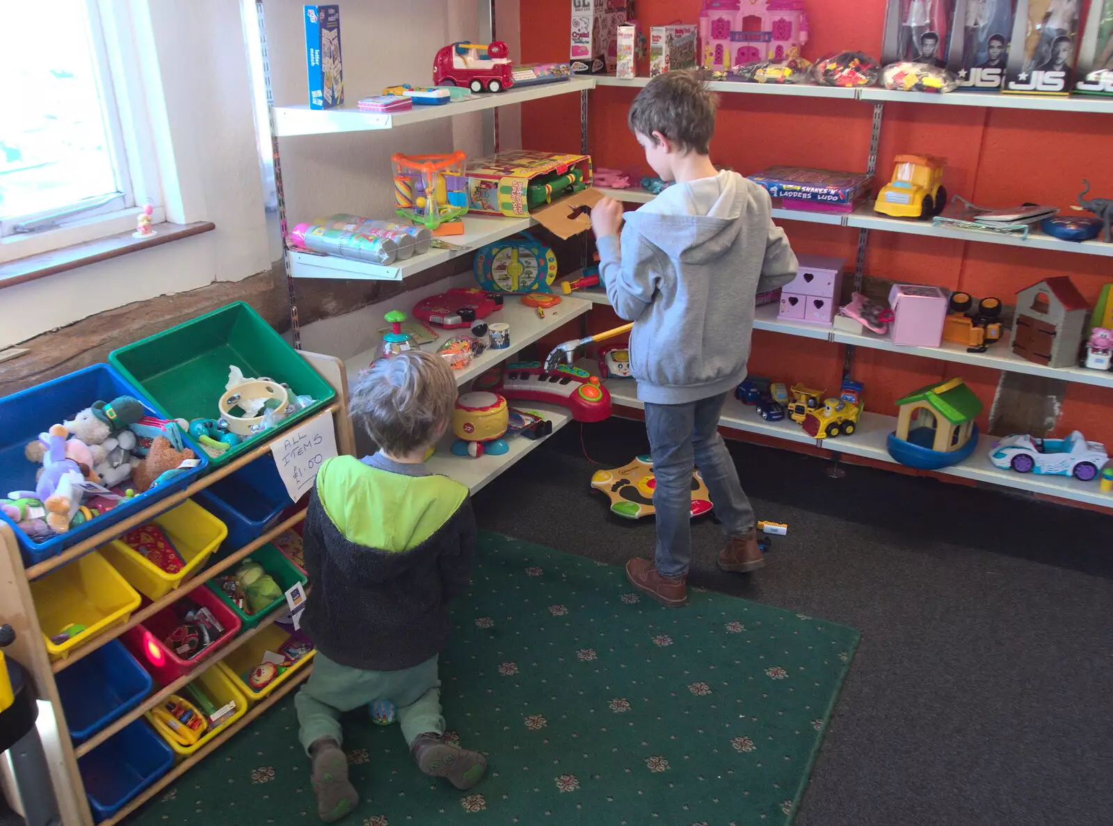 The boys in the charity-shop toy section, from Diss Express Photos and a Garden Den, Eye, Suffolk - 23rd February 2019