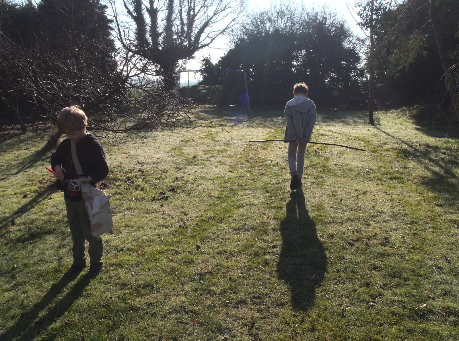 The boys in a dewey garden, from Diss Express Photos and a Garden Den, Eye, Suffolk - 23rd February 2019