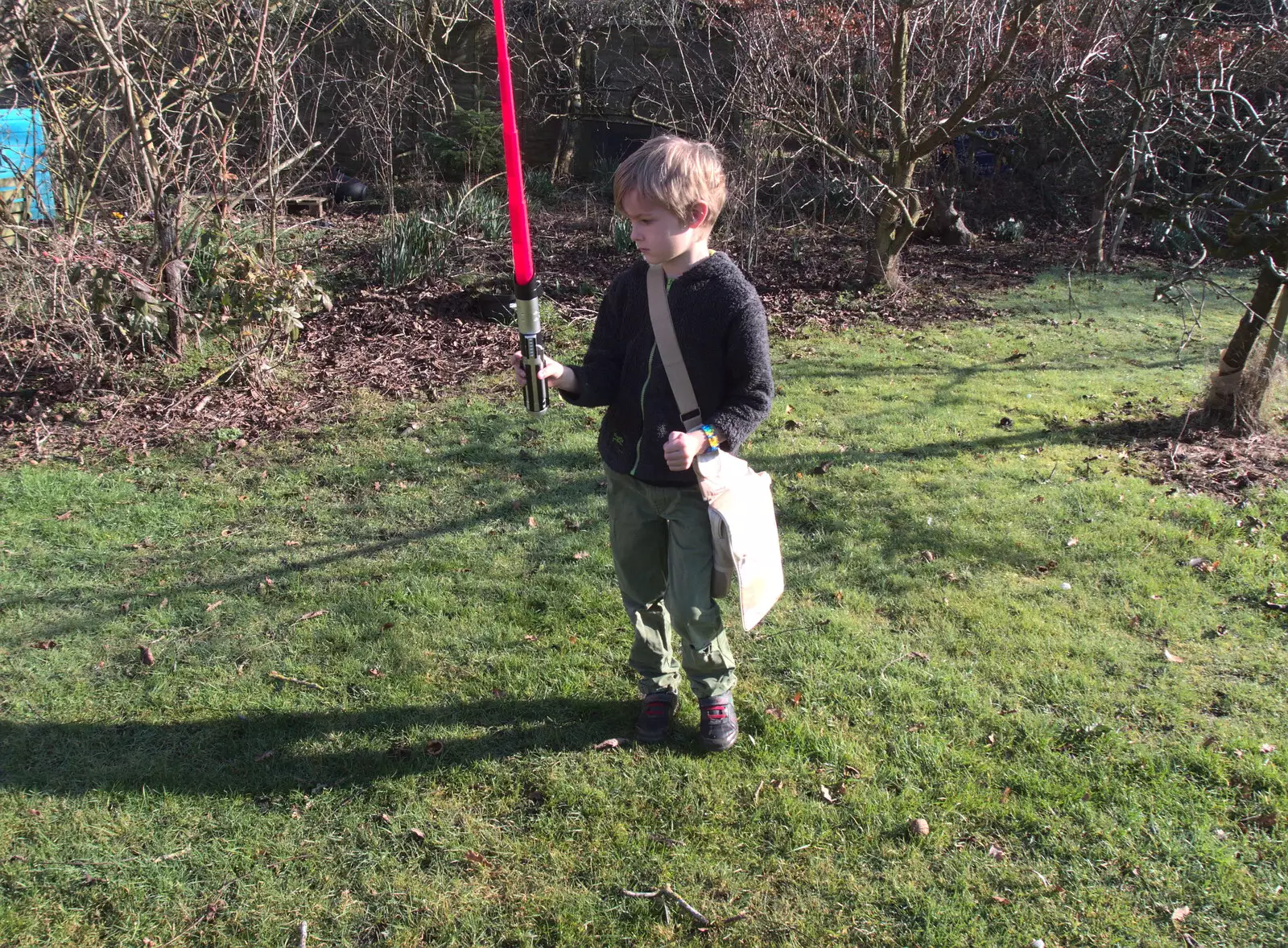 Harry waves a light-sabre around, from Diss Express Photos and a Garden Den, Eye, Suffolk - 23rd February 2019